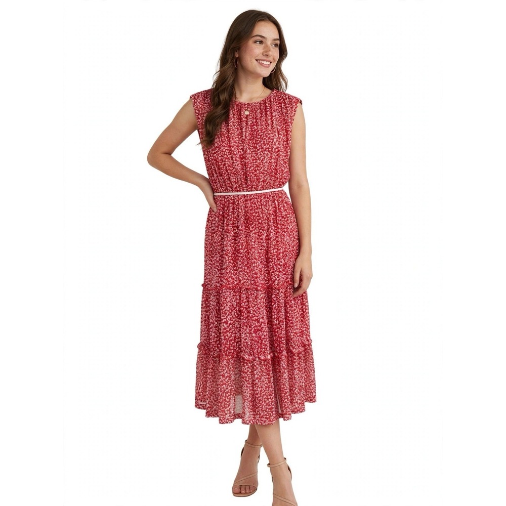 Kate And Lily Red Floral Tiered Midi Dress Boho Flowy Cottagecore Romantic 10